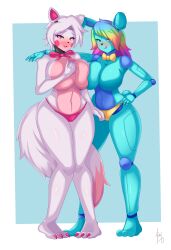 2girls blue_body breast_squeeze breast_squish five_nights_at_freddy's five_nights_in_anime fnia hand_on_another's_shoulder hi_res magenta_eyes mangle_(fnaf) mangle_(fnia) multiple_girls pink_body pink_fur purplehorny rainbow_hair riley_solstice_(labster) robot yellow_eyes