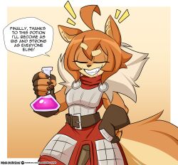 5_fingers anthro armor canid canine canis clothed clothing dankodeadzone dog_knight_rpg english_text female fingers fur fur_trim furry maci_(ceehaz) orange_body orange_eyes orange_fur potion potion_bottle short_hair tagme