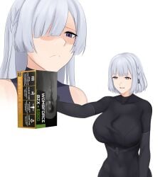 2girls ak-15_(girls'_frontline) artificial_eyes artificial_vagina black_bodysuit black_gloves bodysuit brand_name_imitation breasts closed_mouth cyka girls'_frontline gloves grey_hair hair_over_one_eye highres holding large_breasts long_hair medium_hair meme multiple_girls nvidia rpk-16_(girls'_frontline) sex_toy short_hair simple_background smile white_background you_can_just_give_this_kind_of_thing_to_men_and_they_will_be_thrilled_(meme)