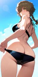 1girls ai_generated amane_suzuha ass ass_focus big_butt bikini braided_hair brown_hair droplets female fluffy_hair light-skinned_female medium_breasts solo steins;gate swimsuit twin_braids yellow_eyes