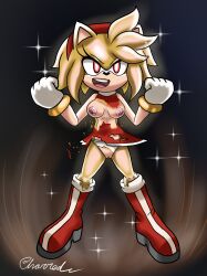 2022 absurd_res amy_rose anthro boots breasts charred_(artist) clothing dress eulipotyphlan female fist footwear genitals hedgehog hi_res looking_at_viewer mammal medium_breasts nipples panties pussy red_eyes sega signature solo sonic_(series) sonic_the_hedgehog_(series) space super_amy_rose underwear