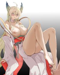 1girls big_breasts blush exposed_breasts footjob kinnara legs light-skinned_female onmyoji showing_breasts white_hair