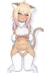 1girls gyaru hololive hololive_gamers hololive_japan jaguar_ears jaguar_tail mochigomemcmc nekomata_okayu ribbed_sweater simple_background source_request tan_body virtual_youtuber