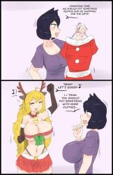 2girls black_hair black_hair_female blake_belladonna blonde_female blonde_hair cat_ears christmas christmas_clothing christmas_headwear covered_nipples fjtiko long_hair long_hair_female multiple_girls rwby yang_xiao_long zronku