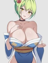 big_breasts ceres_fauna cleavage collarbone cute green_hair hololive hololive_english hololive_english_-council- hololive_english_-promise- kimono large_breasts short_hair shoulders smile virtual_youtuber zeropengr