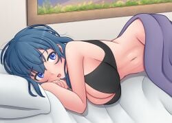 1girls bed blue_eyes blue_hair bra bra_only breasts byleth_(fire_emblem) byleth_(fire_emblem)_(female) cleavage fire_emblem fire_emblem:_three_houses in_bed large_breasts naked_from_the_waist_down nintendo sheets xrayuri