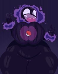 absurd_res against_surface areola big_breasts black_eyes breasts breasts_on_glass eyelashes fangs female gastly generation_1_pokemon genitals heart hi_res huge_breasts humanoid justelm25 looking_at_viewer navel nintendo nipples nude on_glass open_mouth pokeball pokemon pokemon_(species) pupils purple_areola purple_background purple_body purple_nipples pussy simple_background slit_pupils solo spirit teeth thick_thighs tongue tongue_out wide_hips