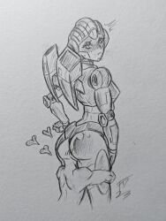 1boy 1girls arcee arcee_(g1) ass big_ass blush butt face_in_ass medium_breasts robot robot_girl robot_humanoid size_difference sketchy_fox traditional_media_(artwork) transformers