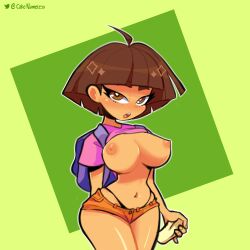 1girls backpack bag bedroom_eyes breasts breasts_out brown_eyes brown_hair cakenameless clothing dark_skin dora_marquez dora_the_explorer female female_focus grey_background hourglass_figure human latina looking_at_viewer micro_panties navel nickelodeon nipples open_mouth orange_shorts shirt_lift short_hair short_shorts standing waist