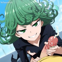 1boy 1girls ai_generated angry_face anime anime_style breasts cum ejaculation erection female female_focus grabbing grabbing_penis green_eyes green_hair handjob lower_body male nipples nsfwworks.ia one-punch_man penis pov saitama smile tatsumaki teasing thighs torn_clothes tsundere uncensored