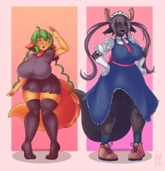 2girls anthro brown_body brown_hair cola_(altnitro) cosplay curious dragon female green_hair ilulu_(dragon_maid) kobayashi-san_chi_no_maidragon looking_at_viewer looking_up maid_uniform multiple_girls oj_(altnitro) orange_body oversized_shirt purplehorny thighhighs tohru_(dragon_maid)