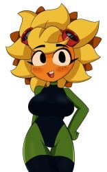 big_breasts blush flower goggles_on_head green_body hand_on_hip looking_at_viewer plant plant_girl plants_vs_zombies plants_vs_zombies:_heroes r_bismut rbismut smile solar_flare_(pvz) swimsuit thick_ass thick_thighs thigh_highs yellow_body yellow_hair