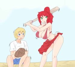 1boy 1girls baseball_bat baseball_glove beach big_breasts bikini bikini_bottom bikini_top blonde_hair blush fjtiko jaune_arc ponytail pyrrha_nikos red_bikini red_bikini_bottom red_bikini_top red_hair red_hair_female rwby zronku