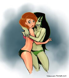 2girls black_panties darren_geers disney female female_only green_panties human kim_possible kimberly_ann_possible medium_breasts multiple_females panties shego tagme topless undressing yuri