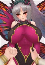 1girls arm_grab breasts covered_navel fairy fairy_wings female female_focus fire_emblem fire_emblem_heroes grey_hair holding_hands kiran_(fire_emblem) large_breasts leotard long_hair multicolored_hair nintendo open_mouth plumeria_(fire_emblem) ponytail pov red_eyes roaamuje solo_focus wings