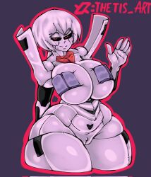 1girls barely_contained_breasts bursting_breasts female female_pubic_hair grey_skin half-closed_eyes huge_breasts looking_at_viewer monster_girl naughty_face original pubic_hair pussy skindentation solo thetis_(artist) thick_thighs wide_hips