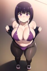 1girls ai_generated big_breasts bikini breasts_out chubby_female hana_sunomiya looking_at_viewer looking_up partially_clothed please_don't_bully_me,_nagatoro purple_eyes purple_hair reficulsenpai solo solo_female thick_thighs viewed_from_above