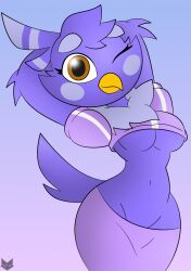 anthro arms_behind_head avian avian_humanoid beak bird_girl female melissa_morgan purple_body purple_feathers super_planet_dolan tagme thick_thighs wink yellow_beak