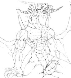 2015 abs absurd_res anthro bahamut_(final_fantasy) biceps big_penis black_and_white claws dragon erection eyeless fangs final_fantasy final_fantasy_ix hi_res horn male male_only membranous_wings monochrome muscular muscular_male nude open_mouth pecs penis reptile scales scalie simple_background sitting solo square_enix teeth tinyfaceart tongue tongue_out vein video_games western_dragon wings