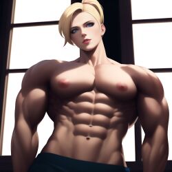 abs ai_generated ambush_(trap) bishonen blonde_hair blue_eyes genderswap_(ftm) mercy muscles muscular_femboy muscular_male muscular_trap nai_diffusion nipples overwatch pecs ponytail rule_63 solo_male stable_diffusion twink twunk