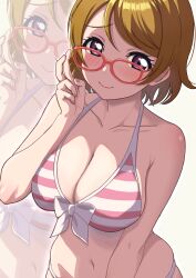 bare_belly bare_shoulders bare_stomach belly belly_button bikini brown_hair collarbone fingernails glasses hand_on_glasses koizumi_hanayo large_breasts lips looking_at_viewer love_live! love_live!_school_idol_project medium_breasts nail_polish nervous nervous_expression nervous_face nervous_smile peace_sign purple_skin short_hair shy shy_expression shy_smile smile striped_bikini swimsuit upper_body v zanpon