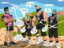 4boys armpit_hair bandana bara barazoku beard body_hair bstargreenmoon bulge clothing dialogue english_text facial_hair gay hairy hairy_chest hairy_male leg_hair male male/male male_focus male_only manly muscular_male nintendo penis_outline pokemon pokemon_sm sideburns team_skull team_skull_grunt text tupp_(pokemon) yaoi