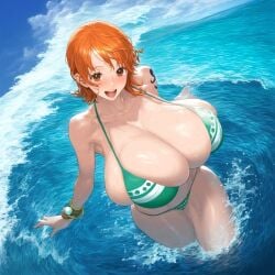 1girls ai_generated armpits big_breasts bikini breasts breasts_bigger_than_head brown_eyes cleavage curvy curvy_female female female_focus female_only gigantic_breasts huge_breasts large_breasts massive_breasts nami nami_(one_piece) one_piece orange_hair plusmolfa post-timeskip short_hair solo voluptuous voluptuous_female