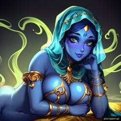 1girls ai_generated arm_on_head arm_under_breasts big_breasts blue_body blue_eyes blue_lips blue_skin breasts djinn female female_only genie genie_girl gold_(metal) gold_jewelry headscarf hijab jfxjxf jinn laying_on_side looking_at_viewer magic magic_aura middle_eastern_mythology mostly_nude pornpen.ai public_domain smile