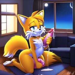 1boy ai_generated anthro barefoot blonde_hair blue_eyes canine canis cheek_tuft dildo dipstick_tail feet femboy feminine_tails fluffy fluffy_tail fox girly kneeling living_room lube mammal moon night novelai short_hair smile smiling smiling_at_viewer sonic_(series) starry_sky tails window yellow_body yellow_fur