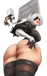 1girls anus ass boinboinz bottomless dat_ass female female_focus large_thighs looking_at_viewer low-angle_view nier:_automata plump_lips stretched_anus stretched_pussy stretching thighhighs yorha_2b