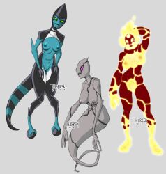 3girls alien alien_girl alien_humanoid ben_10 ectonurite female female_focus female_only ghostfreak gwen_tennyson heatblast kineceleran looking_at_viewer multiple_girls nightmare_waifu pyronite solo_female solo_focus tharrek xlr8