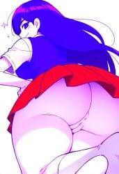 1girls ai_generated anus ass big_ass bottomless bottomless_skirt breasts clothed female female_only from_below hand_on_hip hips legs long_hair looking_at_viewer looking_back looking_down mari_(omori) miniskirt no_panties novelai omori pleated_skirt plump_labia purple_eyes purple_hair purple_sweater pussy red_skirt short_sleeves skirt smile socks solo solo_female sparkles specificpep sweater_vest thick_ass thick_thighs upskirt white_skin white_socks