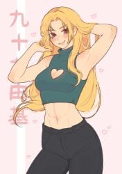 abs belly belly_button black_pants blonde_female blonde_hair blonde_hair blonde_hair_female boob_window breast_window brown_eyes crop_top croptop fit_female hand_in_hair hands_behind_head heart jujutsu_kaisen midriff ms_tsukii yuki_tsukumo