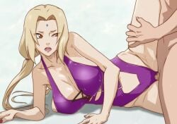 1girls blonde_hair breasts brown_eyes censored cleavage clothed_female_nude_male facial_mark female forehead_mark from_side groin kyabakurabakufu large_breasts leg_up legs long_hair lying mosaic_censoring naruto naruto_(series) naruto_shippuden nude on_side open_mouth penis pussy sex simple_background sweat swimsuit thighs tsunade twintails vaginal_penetration white_background