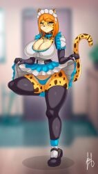 anthro background blue_eyes bowing cheetah feline furry jennifer_lexington_(labster) looking_at_viewer maid maid_outfit maid_uniform orange_hair purplehorny yellow_body yellow_fur