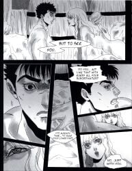 2boys berserk black_hair comic completely_nude_male dialogue doujin doujinshi gay gay_sex griffith guts_(berserk) long_hair muscular_male nude_male short_hair text white_hair yaoi