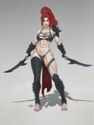 1girls abs alexcherubic armor barefoot bikini_armor dagger dark_eldar drukhari female_focus female_only high_ponytail lelith_hesperax long_hair muscular muscular_female ponytail red_eyes red_hair warhammer_(franchise) warhammer_40k weapon wych wych_(warhammer_40k)