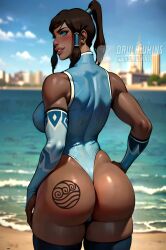 1girls ai_generated armwear ass_focus avatar_legends back_view big_ass big_breasts big_thighs blue_eyes brown_hair busty butt_focus dark-skinned_female dark_skin daulawkins female gloves korra large_breasts legwear leotard markings narrow_waist showing_ass showing_off smile smug solo stable_diffusion tattoo tattoo_on_butt the_avatar the_legend_of_korra thick thick_thighs thighhighs thighs water_tribe wide_hips