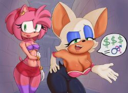 2girls amy_rose anthro big_breasts cleavage crop_top earrings furry lipstick nervous_smile pinkfalcon prostitution rouge_the_bat sega skirt sonic_(series) speech_bubble thighhighs thong