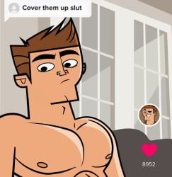 1boy bara black_eyes brown_hair cover_them_up_slut don_(tdi) male male_only man_boobs meme pecs solo solo_male tdda19 the_ridonculous_race total_drama_island