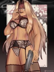 1girls 2021 artist_name black_legwear black_thighhighs blonde_hair blue_eyes bra breasts casual cigar clothing dark-skinned_female dark_skin digital_media_(artwork) erodrunky eyewear female firearm from_below garter_belt garter_straps gun handgun hellsing hi_res holding holding_gun holding_weapon human integra_hellsing lace lingerie long_hair looking_at_viewer matching_underwear medium_breasts navel pantie panties pistol platinum_blonde_hair rimless_eyewear round_eyewear smoking solo thighhighs trigger_discipline weapon white_bra white_panties