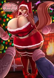 absolute_territory anthro big_breasts black_nose breasts brown_body brown_fur canid canine christmas christmas_clothing closed_eyes clothing curvy_figure derpx1 disney english_text eyelashes female fire fireplace fox fur genitals group hand_to_face hi_res holidays huge_breasts maid_marian mammal midriff penis raised_tail robin_hood_(disney) solo_focus standing tail tail_motion tailwag text thick_thighs vein veiny_penis voluptuous wide_hips