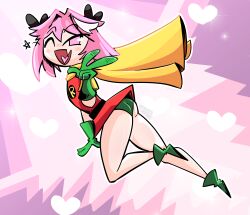 1boy 2023 ass astolfo_(fate) bare_legs bare_thighs batman_(series) dc dc_comics fang fate_(series) female moonieflav pink_eyes pink_hair robin_(dc) robin_(dc)_(cosplay) tagme wink