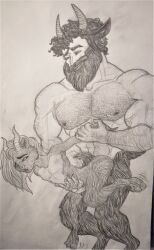 anal anal_sex beard bearded curly_hair facial_hair faun furry gay gay_sex george_(character) hairy hairy_arms hairy_chest hairy_male horns hunk manhandling manly muscle muscular muscular_male pencil_(artwork) rough_sex satyr size_difference standing_sex traditional_art traditional_media traditional_media_(artwork) veiny_muscles