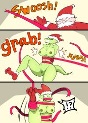 absurd_res anthro areola bindings bluebirdoasis breasts captured christmas comic duo embarrassed female genitals hi_res holidays lizard male male/female mostly_nude pussy reptile santa_claus scalie surprised_look veronica_(bluebirdoasis)