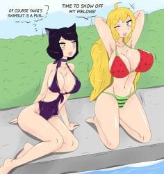 2girls bikini bikini_bottom bikini_top black_hair black_hair_female blake_belladonna blonde_female blonde_hair cat_ears fjtiko hands_behind_head multiple_girls pool pun rwby yang_xiao_long yellow_eyes zronku