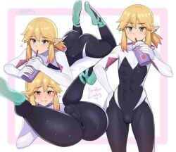 1boy abs anus_outline ass blonde_hair blue_eyes bulge cosplay costume crossover crossover_cosplay femboy fit light-skinned_femboy light-skinned_male light_skin link link_(breath_of_the_wild) male_only marvel marvel_comics milkshake rezodwel spider-gwen_(cosplay) spider-man_(series) spread_legs the_legend_of_zelda twink