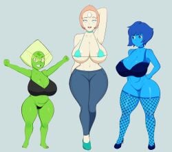 2d 3girls amber_hair big_breasts bimbo_body blue_eyes blue_skin cartoon_network commission female female_only fishnet_stockings g3mma gem_(species) green_eyes green_skin high_heels lapis_lazuli_(steven_universe) looking_at_viewer multiple_girls pearl_(steven_universe) peridot_(steven_universe) sagging_breasts short_hair steven_universe thick_thighs thighhighs thong