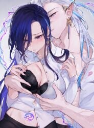 1boy 1boy1girl 1girls black_bra black_underwear blue_hair blush blush_lines bra breast_grab cleavage clorinde_(genshin_impact) earrings embarrassed female genshin_impact grey_eyes grope groping groping_breasts groping_from_behind large_breasts light-skinned_female light-skinned_male light_skin lipstick lipstick_mark lipstick_on_clothes long_hair male neuvillette_(genshin_impact) pointy_ears pubic_tattoo purple_eyes qiandaiyiyu shirt shirt_open shy tagme white_hair