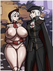 2girls alternate_self annoyed annoyed_expression big_breasts black_clothing bloodborne breasts breasts_bigger_than_head cloak clothed_female_nude_female cravat dolecat doll_girl doll_joints english_text female female_only fromsoftware fully_clothed hairless_pussy huge_breasts human humanoid lady_maria_of_the_astral_clocktower mocking multiple_girls neckerchief no_sex pale-skinned_female pale_skin plain_doll pussy red_neckerchief staredown text thick_thighs tricorne